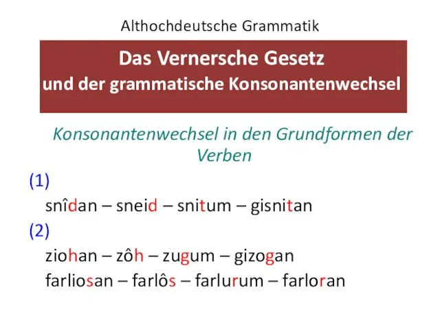Althochdeutsche Grammatik Das Vernersche Gesetz und der grammatische Konsonantenwechsel Konsonantenwechsel in