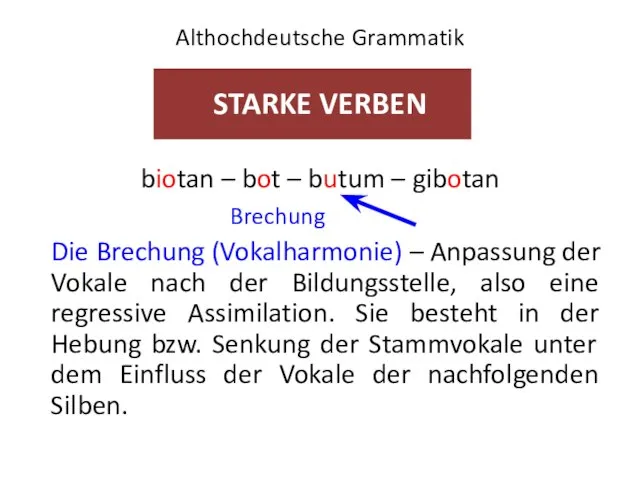 Althochdeutsche Grammatik STARKE VERBEN biotan – bot – butum – gibotan