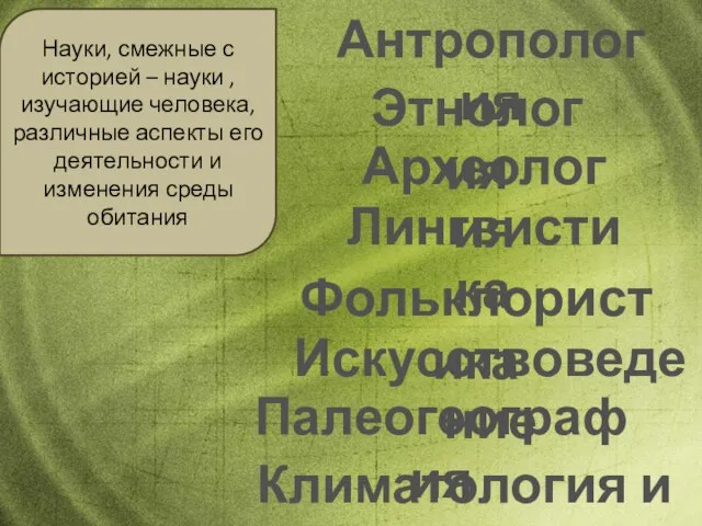 Науки, смежные с историей – науки , изучающие человека, различные аспекты