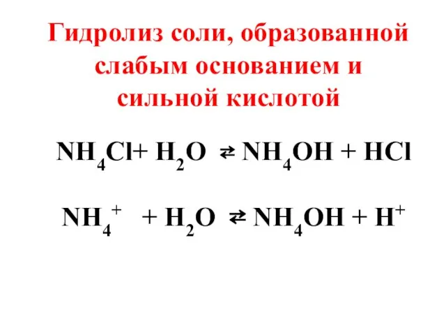 Гидролиз соли, образованной слабым основанием и сильной кислотой NH4Cl+ H2O ⇄