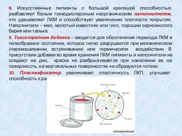 8. Искусственные пигменты с большой красящей способностью разбавляют белым тонкодисперсным неорганическим