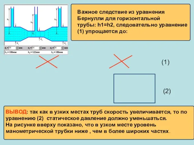 Важное следствие из уравнения Бернулли для горизонтальной трубы: h1=h2, следовательно уравнение