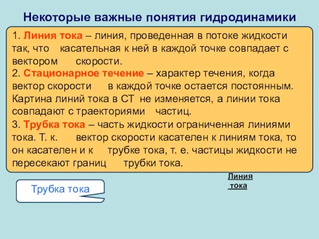 Некоторые важные понятия гидродинамики 1. Линия тока – линия, проведенная в