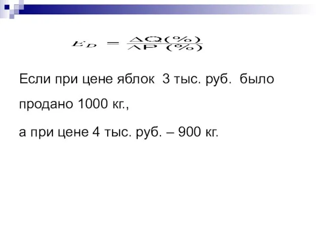 Если при цене яблок 3 тыс. руб. было продано 1000 кг.,