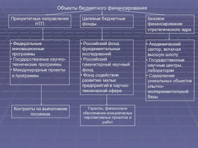 Объекты бюджетного финансирования Приоритетные направления НТП Целевые бюджетные фонды Базовое финансирование