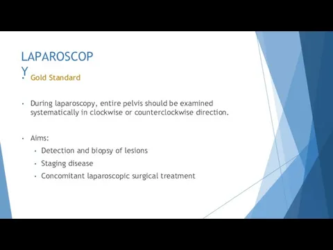 LAPAROSCOPY Gold Standard During laparoscopy, entire pelvis should be examined systematically