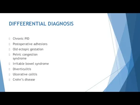 DIFFEERENTIAL DIAGNOSIS Chronic PID Postoperative adhesions Old ectopic gestation Pelvic congestion