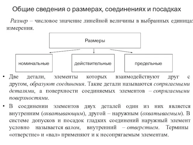 Общие сведения о размерах, соединениях и посадках Две детали, элементы которых