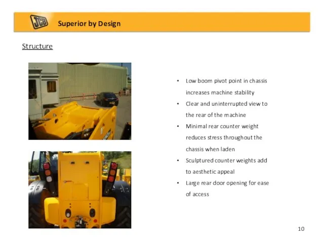 Structure Superior by Design Low boom pivot point in chassis increases