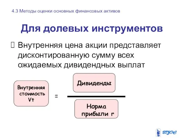 Для долевых инструментов Внутренняя цена акции представляет дисконтированную сумму всех ожидаемых