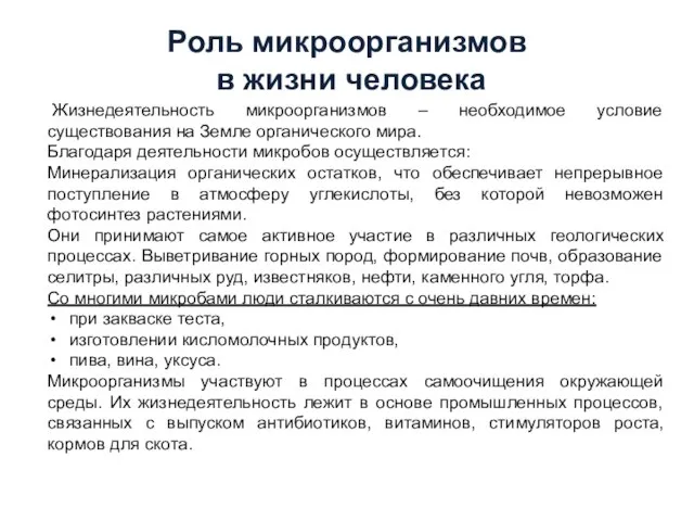 Роль микроорганизмов в жизни человека Жизнедеятельность микроорганизмов – необходимое условие существования