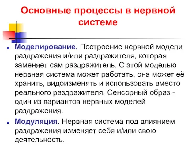 Основные процессы в нервной системе Моделирование. Построение нервной модели раздражения и/или