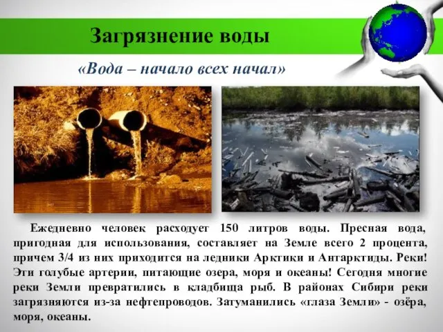 Загрязнение воды Ежедневно человек расходует 150 литров воды. Пресная вода, пригодная