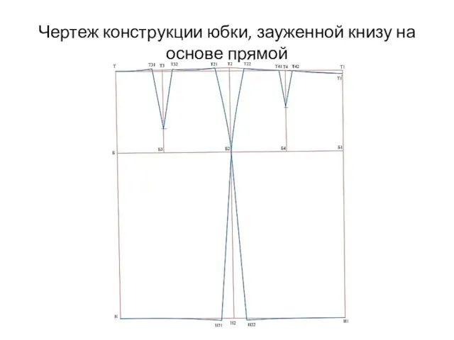 Чертеж конструкции юбки, зауженной книзу на основе прямой