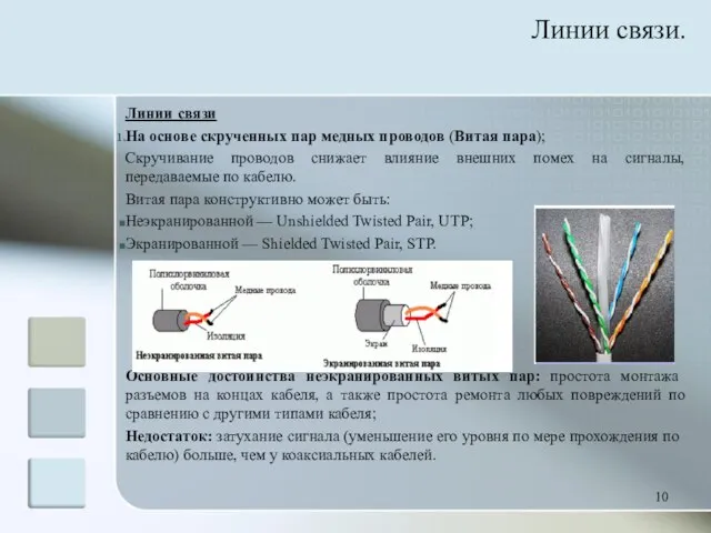 Линии связи На основе скрученных пар медных проводов (Витая пара); Скручивание