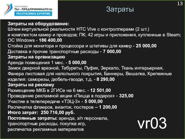 vr03 Затраты Затраты на оборудование: Шлем виртуальной реальности HTC Vive с