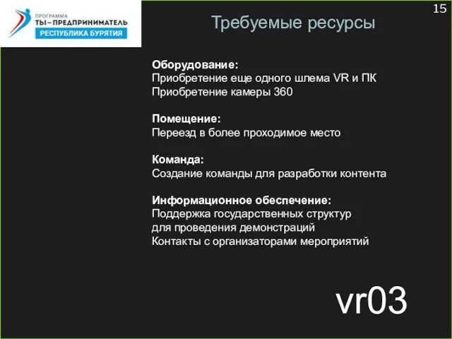 vr03 Требуемые ресурсы Оборудование: Приобретение еще одного шлема VR и ПК