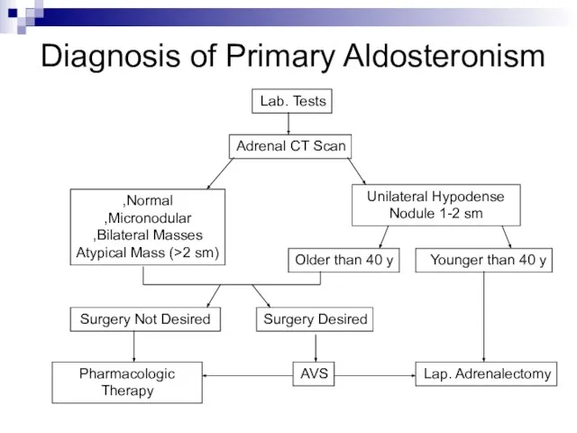 Diagnosis of Primary Aldosteronism Lab. Tests Adrenal CT Scan Unilateral Hypodense