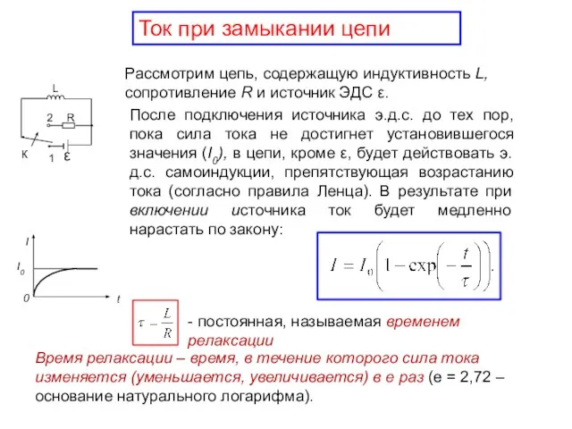 Ток при замыкании цепи После подключения источника э.д.с. до тех пор,