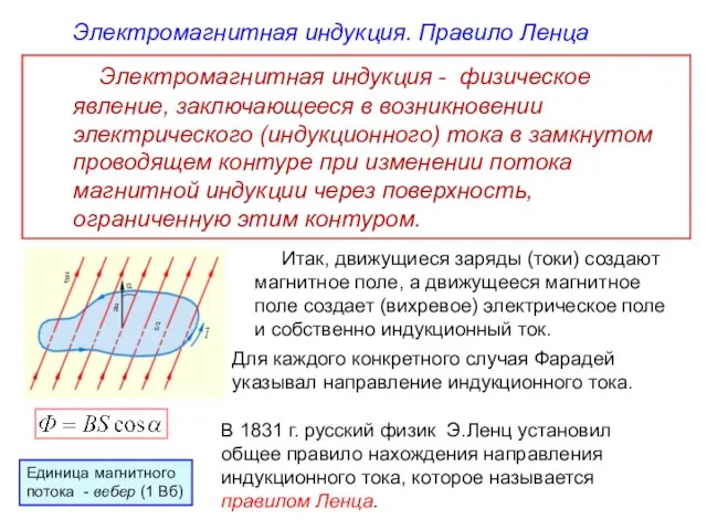 Электромагнитная индукция. Правило Ленца Электромагнитная индукция - физическое явление, заключающееся в