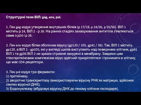 Структурні гени ВІЛ: gag, env, pol. 1. Ген gag кодує утворення