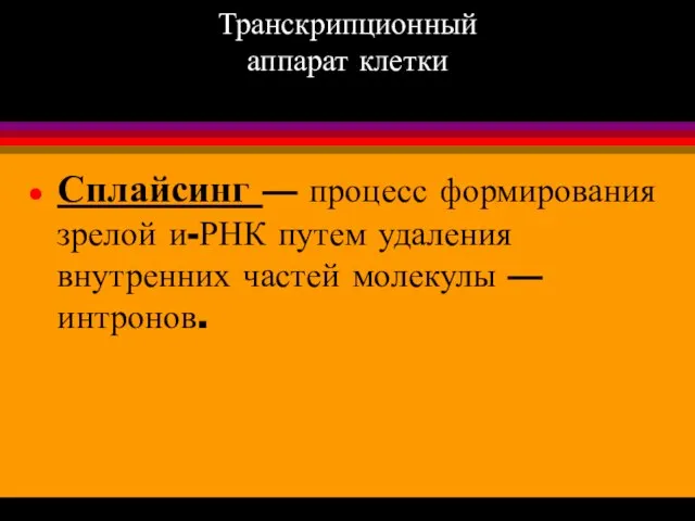 Транскрипционный аппарат клетки Сплайсинг — процесс формирования зрелой и-РНК путем удаления внутренних частей молекулы — интронов.