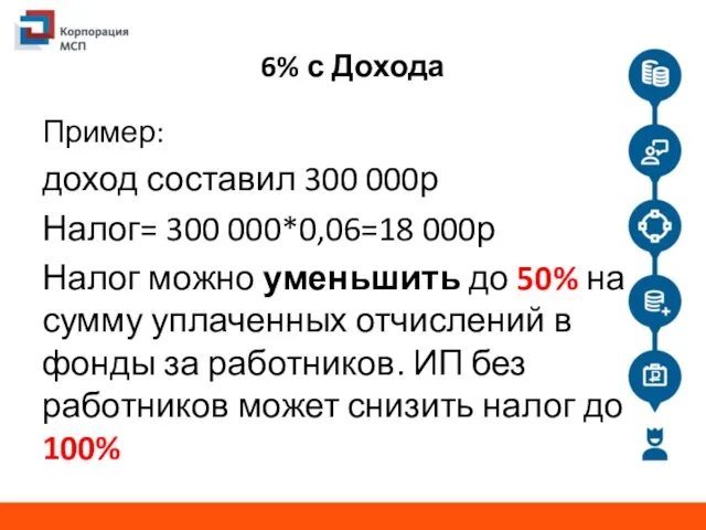 6% с Дохода Пример: доход составил 300 000р Налог= 300 000*0,06=18