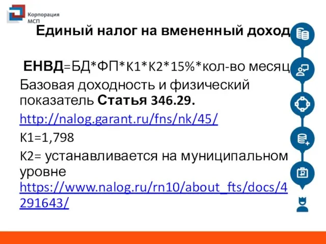 Единый налог на вмененный доход ЕНВД=БД*ФП*K1*K2*15%*кол-во месяц Базовая доходность и физический