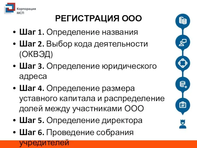 РЕГИСТРАЦИЯ ООО Шаг 1. Определение названия Шаг 2. Выбор кода деятельности