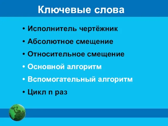 Ключевые слова Исполнитель чертёжник Абсолютное смещение Относительное смещение Основной алгоритм Вспомогательный алгоритм Цикл n раз