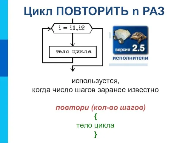 используется, когда число шагов заранее известно повтори (кол-во шагов) { тело