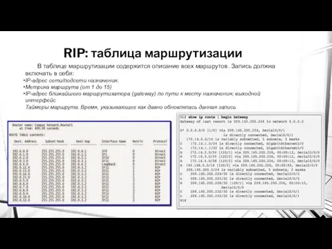 RIP: таблица маршрутизации В таблице маршрутизации содержится описание всех маршрутов. Запись