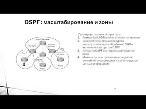 OSPF : масштабирование и зоны Преимущества зонной структуры: Размер баз LSDB