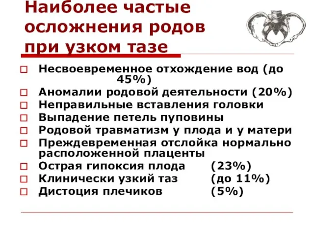 Наиболее частые осложнения родов при узком тазе Несвоевременное отхождение вод (до