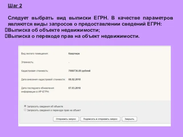 Шаг 2 Следует выбрать вид выписки ЕГРН. В качестве параметров являются