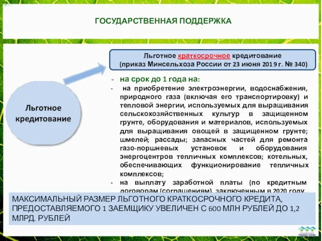 ГОСУДАРСТВЕННАЯ ПОДДЕРЖКА Льготное краткосрочное кредитование (приказ Минсельхоза России от 23 июня