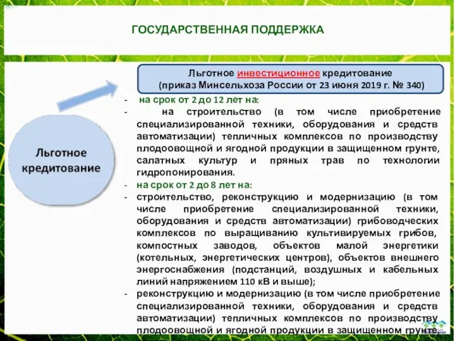 ГОСУДАРСТВЕННАЯ ПОДДЕРЖКА на срок от 2 до 12 лет на: на