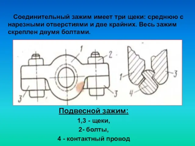 Соединительный зажим имеет три щеки: среднюю с нарезными отверстиями и две