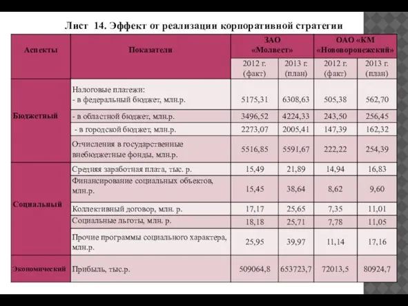 Лист 14. Эффект от реализации корпоративной стратегии