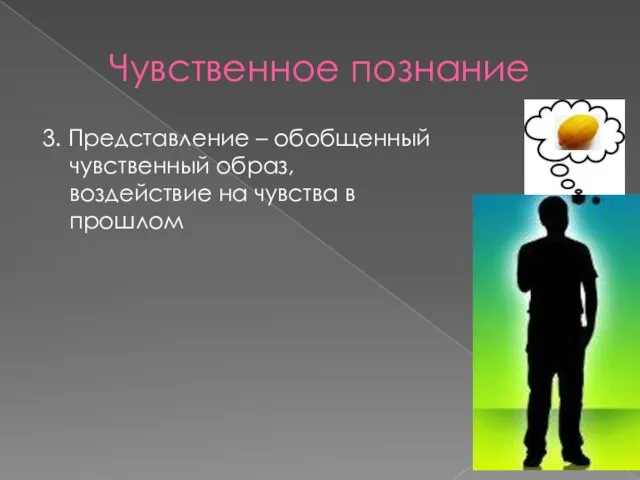 Чувственное познание 3. Представление – обобщенный чувственный образ, воздействие на чувства в прошлом