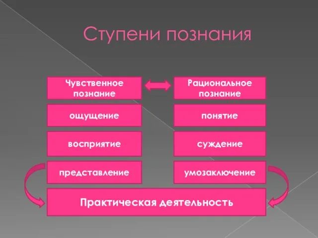 Ступени познания Чувственное познание Рациональное познание ощущение понятие представление умозаключение Практическая деятельность восприятие суждение