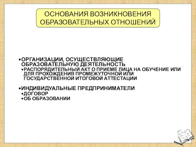 ОСНОВАНИЯ ВОЗНИКНОВЕНИЯ ОБРАЗОВАТЕЛЬНЫХ ОТНОШЕНИЙ ОРГАНИЗАЦИИ, ОСУЩЕСТВЛЯЮЩИЕ ОБРАЗОВАТЕЛЬНУЮ ДЕЯТЕЛЬНОСТЬ РАСПОРЯДИТЕЛЬНЫЙ АКТ О