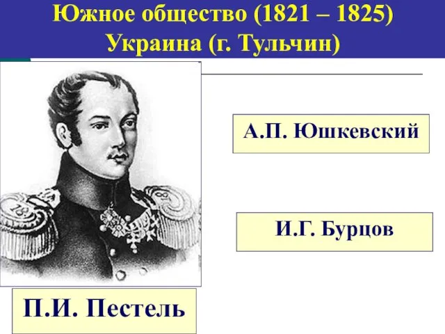 Южное общество (1821 – 1825) Украина (г. Тульчин) А.П. Юшкевский П.И. Пестель И.Г. Бурцов