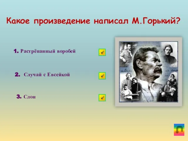 Какое произведение написал М.Горький? 1. Растрёпанный воробей 2. Случай с Евсейкой 3. Слон