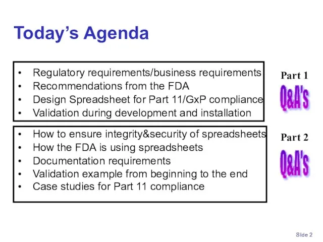 Slide Today’s Agenda Regulatory requirements/business requirements Recommendations from the FDA Design