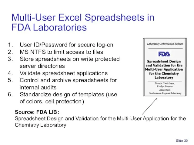 Slide Multi-User Excel Spreadsheets in FDA Laboratories Source: FDA LIB: Spreadsheet