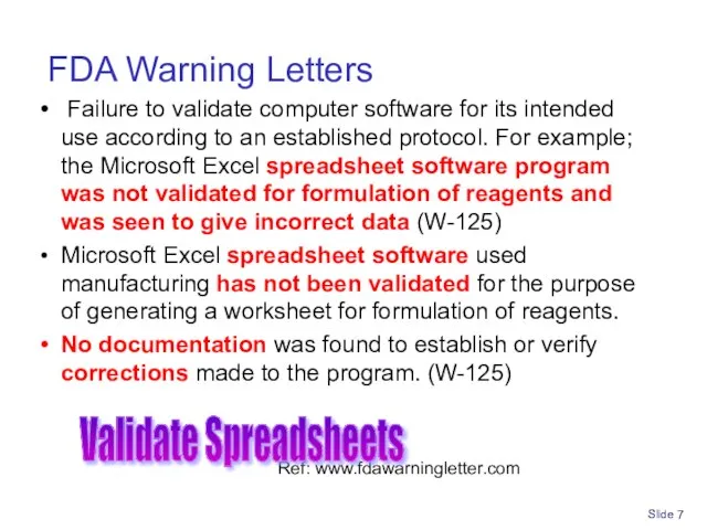 Slide FDA Warning Letters Failure to validate computer software for its