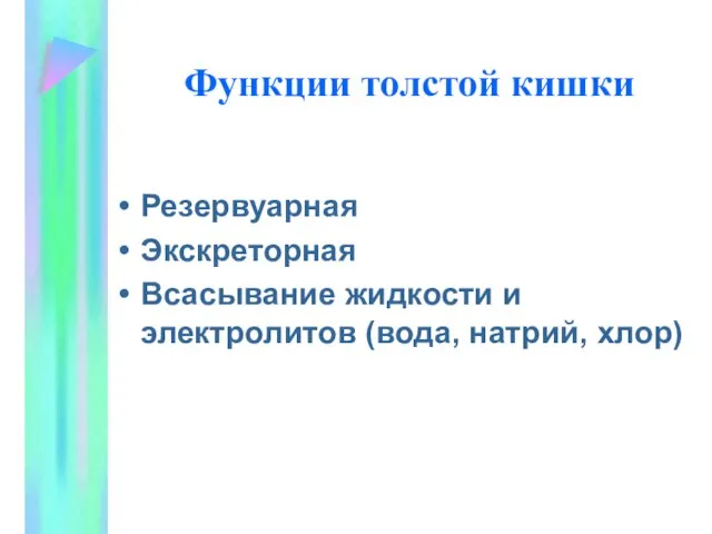 Функции толстой кишки Резервуарная Экскреторная Всасывание жидкости и электролитов (вода, натрий, хлор)