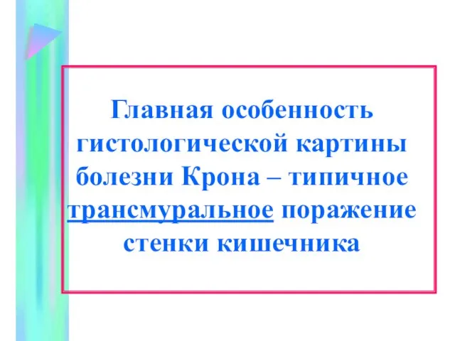 Главная особенность гистологической картины болезни Крона – типичное трансмуральное поражение стенки кишечника