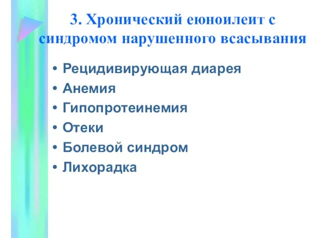 3. Хронический еюноилеит с синдромом нарушенного всасывания Рецидивирующая диарея Анемия Гипопротеинемия Отеки Болевой синдром Лихорадка